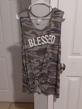 No Boundaries Camo Tank Top with "BLESSED" Print - Green/Brown/Gray